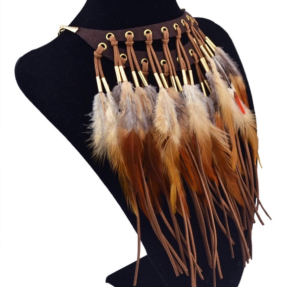 Boho Leather Full Feather Statement Necklace - Picture 5 of 5